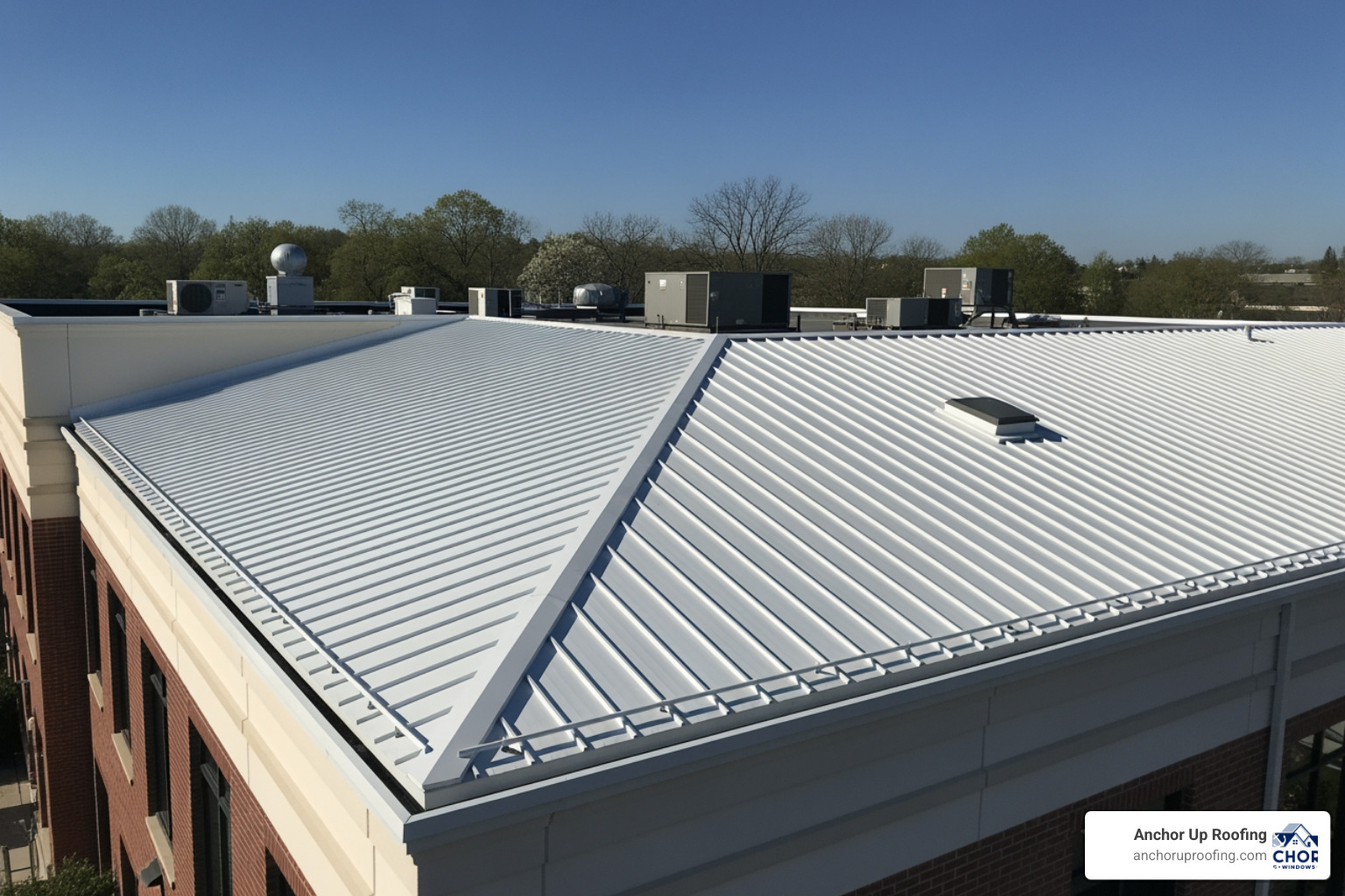A commercial metal flat roof showing standing seams and reflective coating