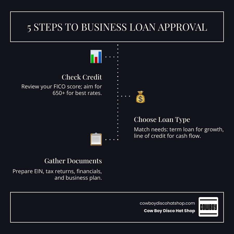 5 steps to business loan approval infographic: check credit score, choose loan type, gather documents, compare lenders