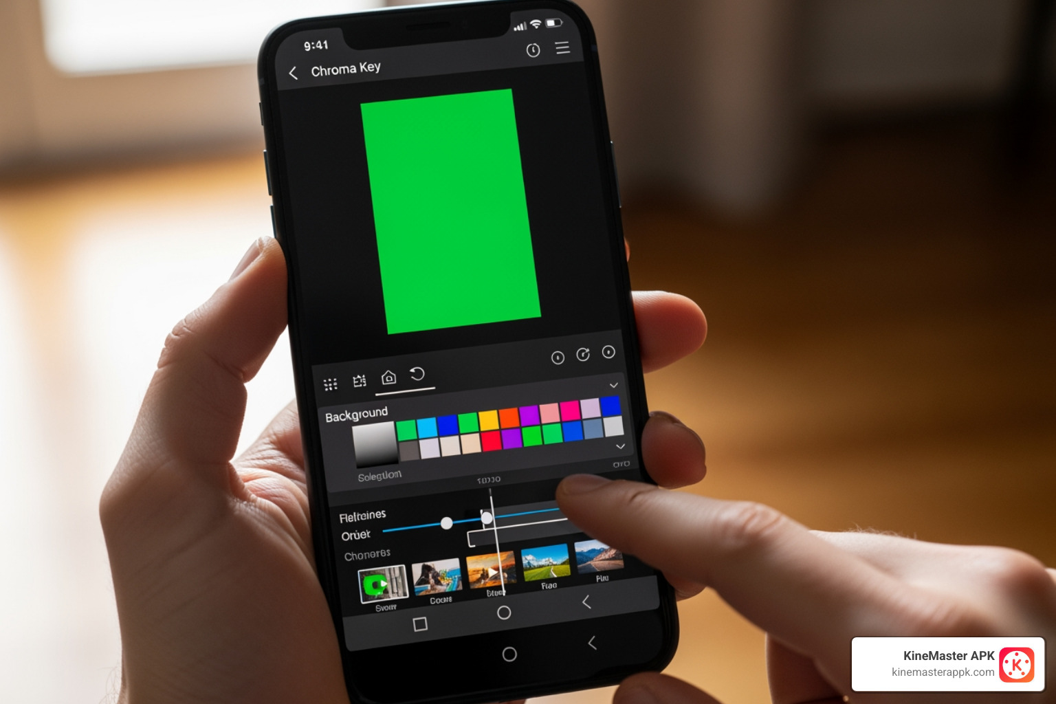 A creator using the chroma key interface on an Android smartphone to replace a green screen background