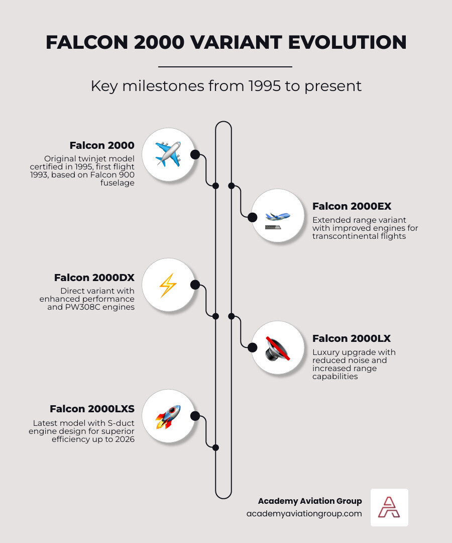 Falcon 2000 variant timeline from original 2000 in 1995 through EX DX LX S and LXS to 2026 infographic