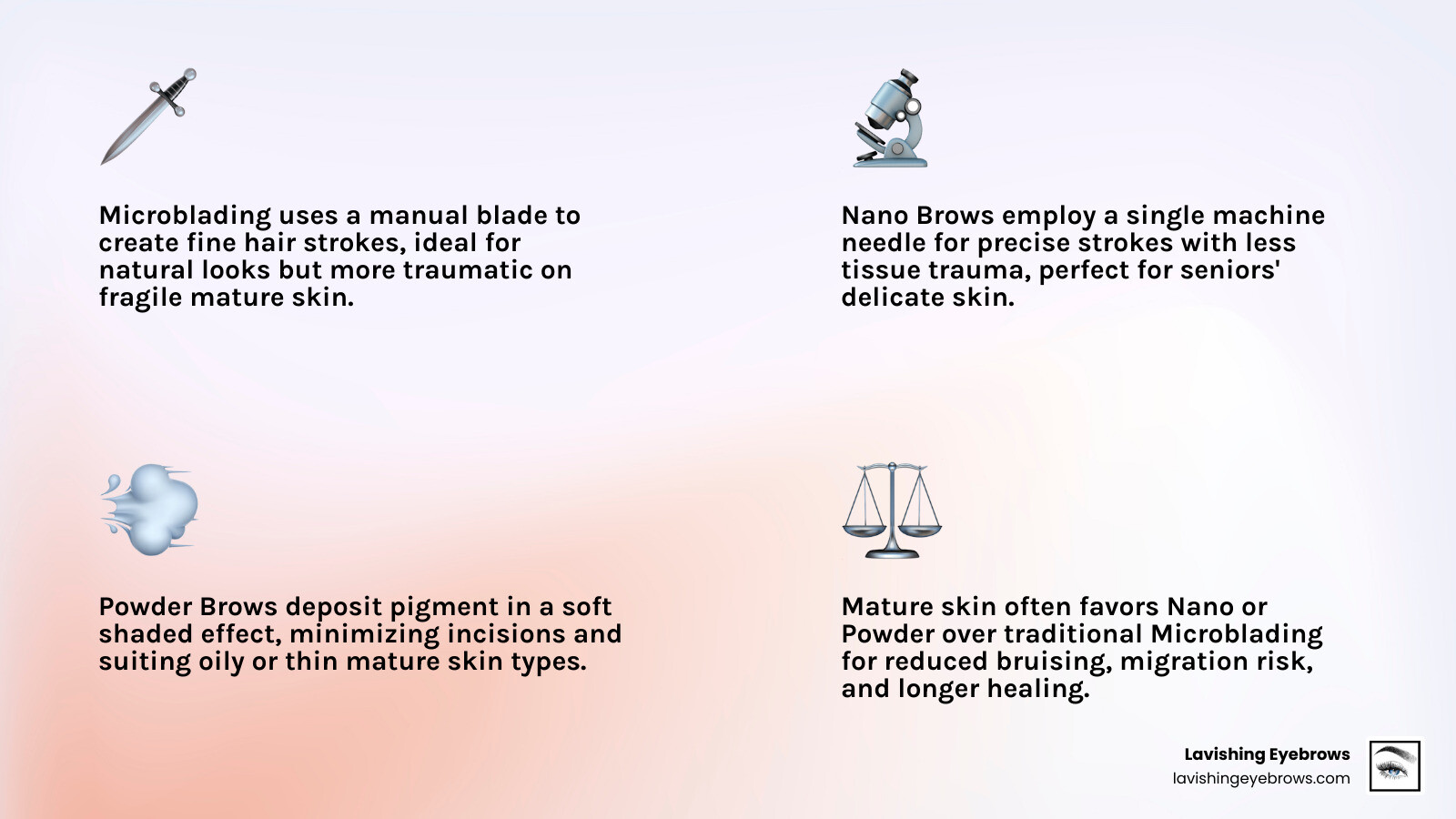 Table comparing Microblading Nano Brows and Powder Brows for mature skin infographic