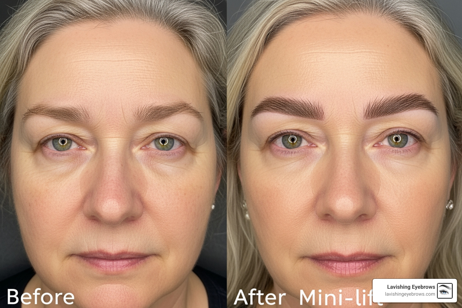 Before and after microblading on a 65-year-old client showing facial architecture and mini-lift effect