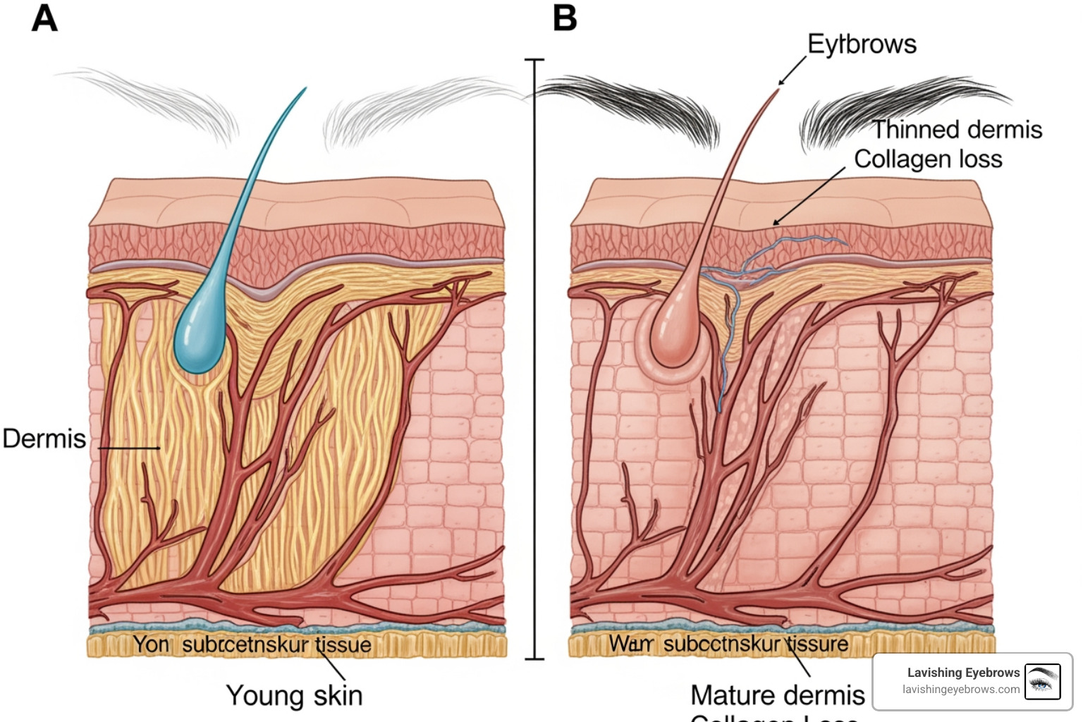 Comparison of young skin layers versus mature skin layers showing collagen loss and dermis thinning