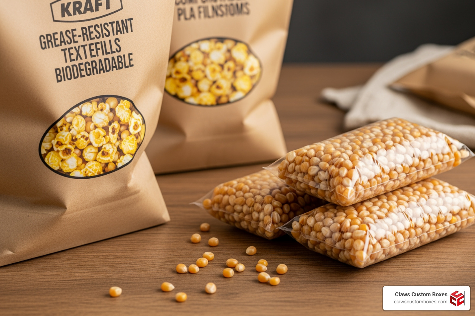 Biodegradable Kraft popcorn bags and compostable PLA films