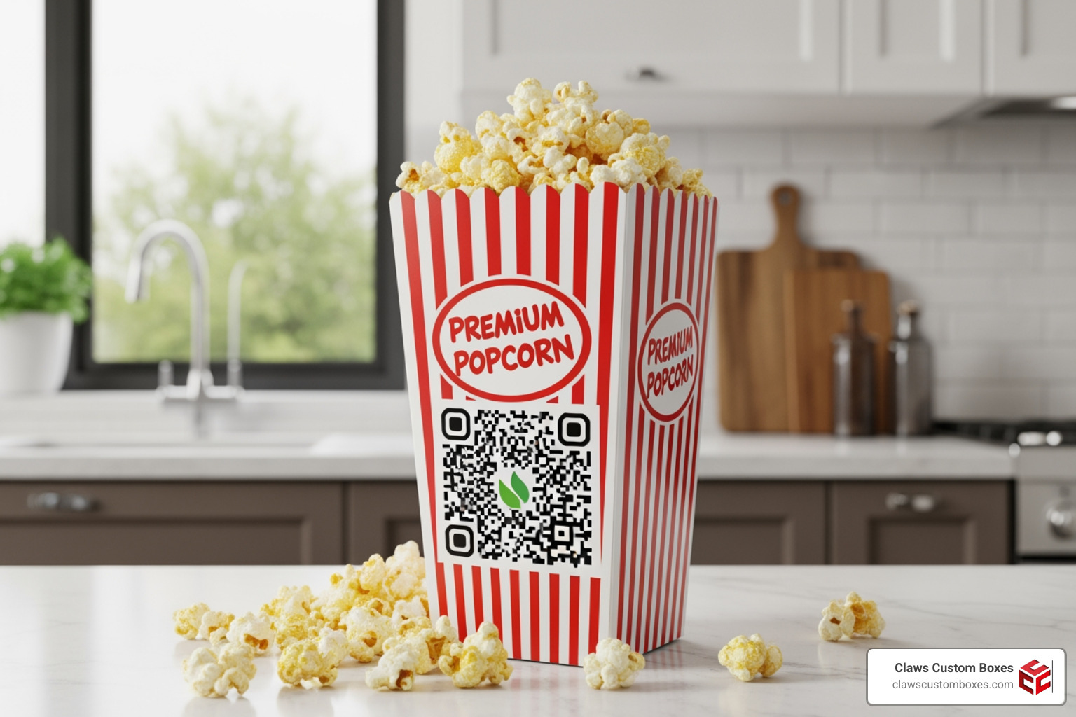 Popcorn box featuring a prominent scannable QR code for digital engagement