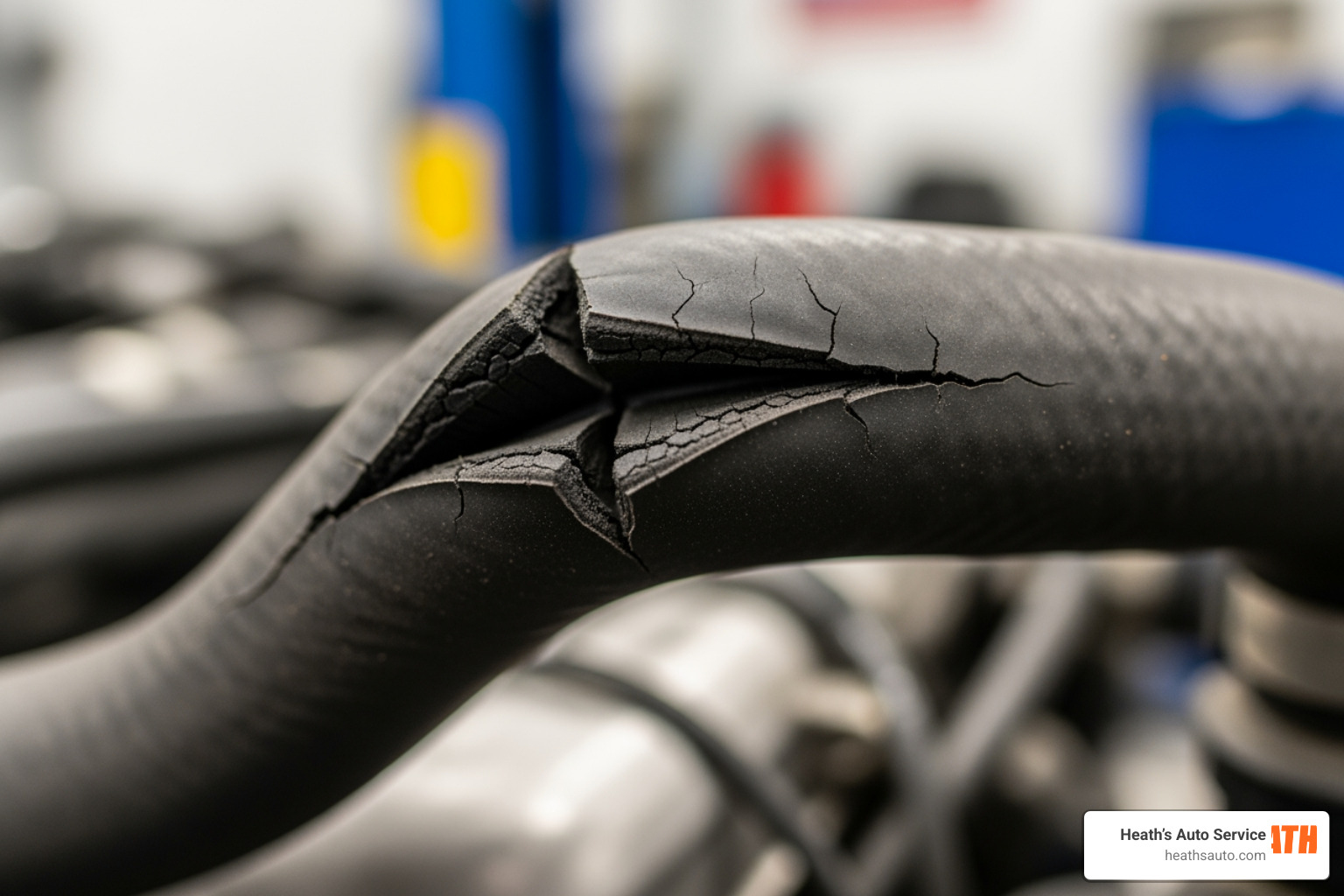 A close-up of a brittle and cracked rubber vacuum line