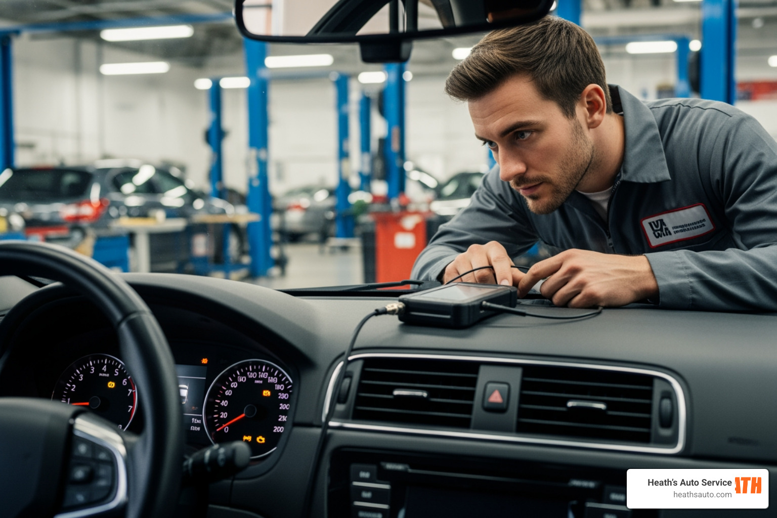 Technician inspecting a dashboard with a Check Engine Light illuminated