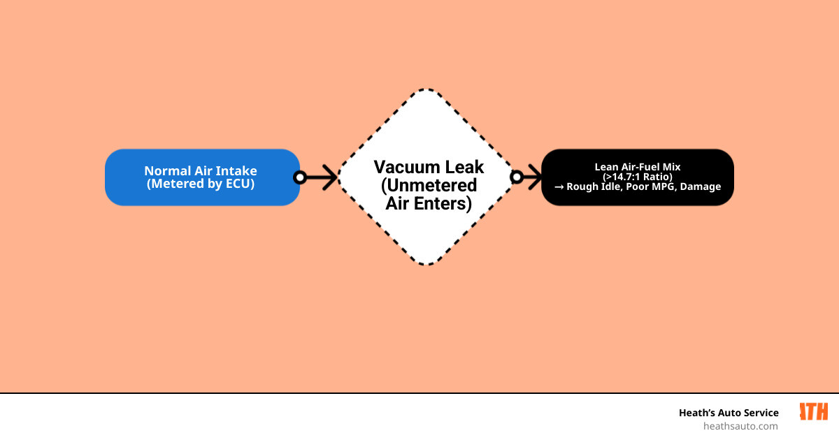 Infographic showing how a vacuum leak disrupts the ECU air-fuel ratio and engine performance infographic