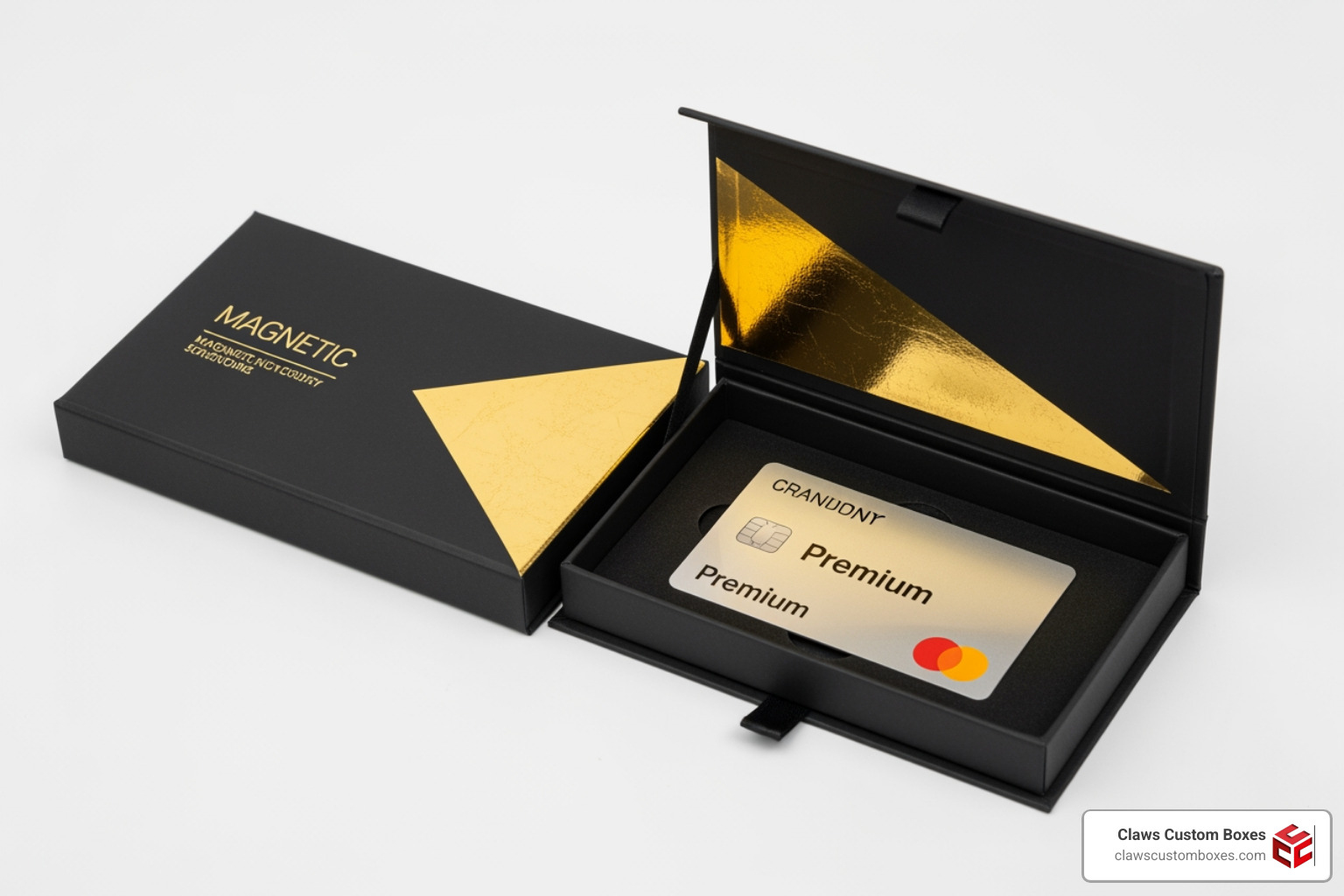 A sleek magnetic closure box featuring gold foil accents and a premium credit card insert
