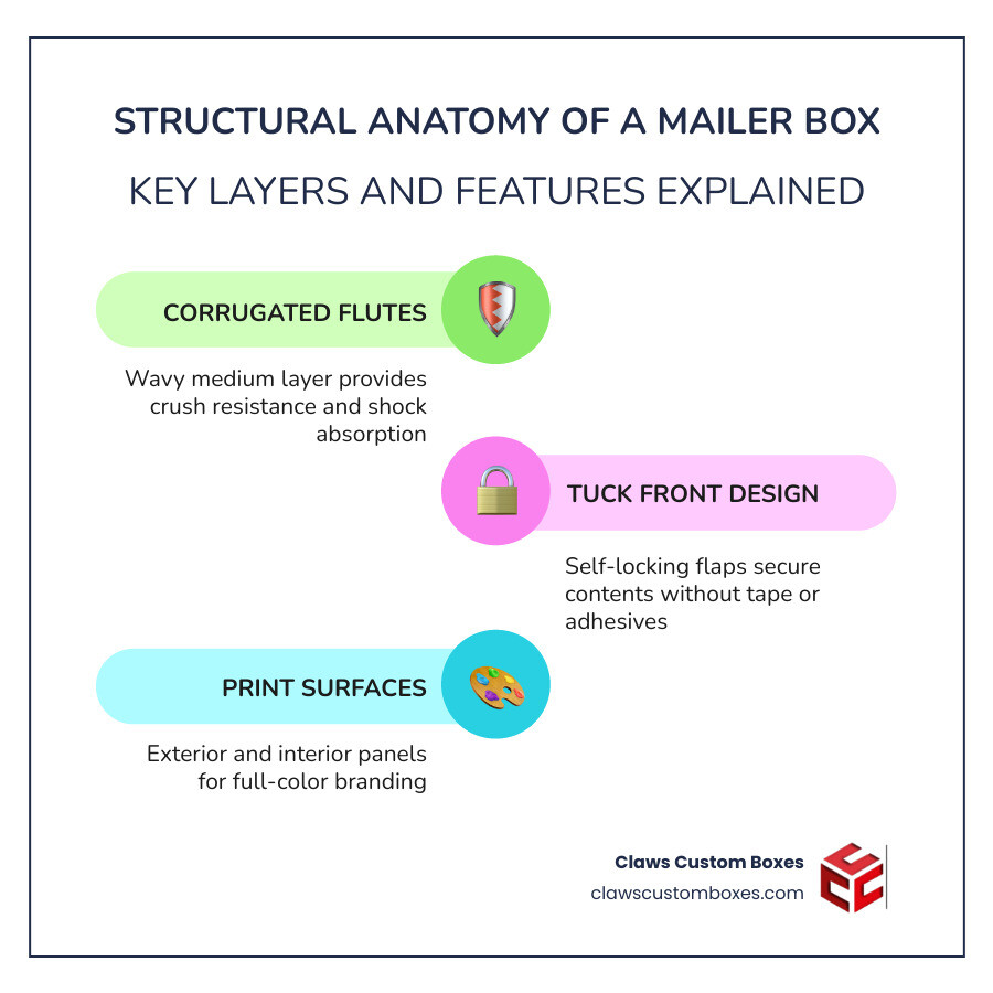 Structural anatomy of a custom mailer box showing flute layers, tuck front, and print surfaces infographic