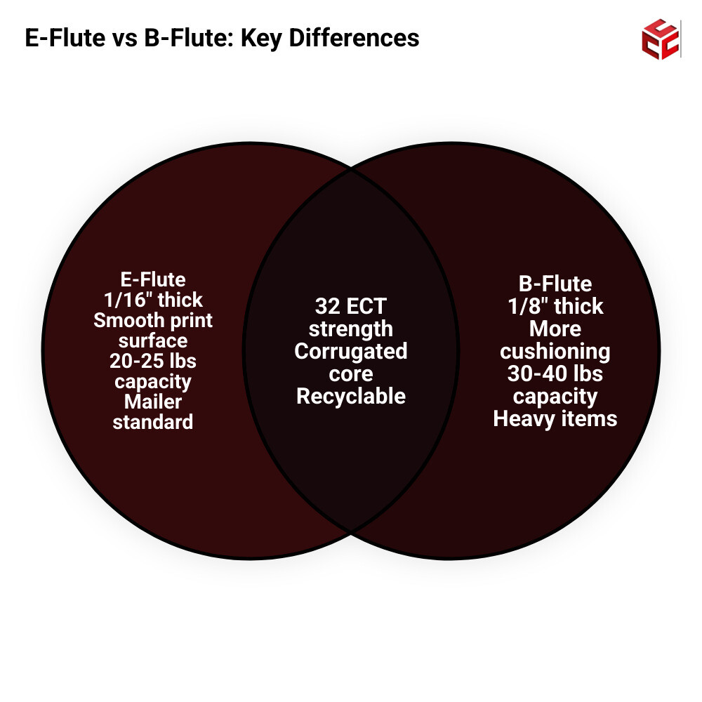 Infographic showing the difference between E-flute and B-flute thickness and strength infographic