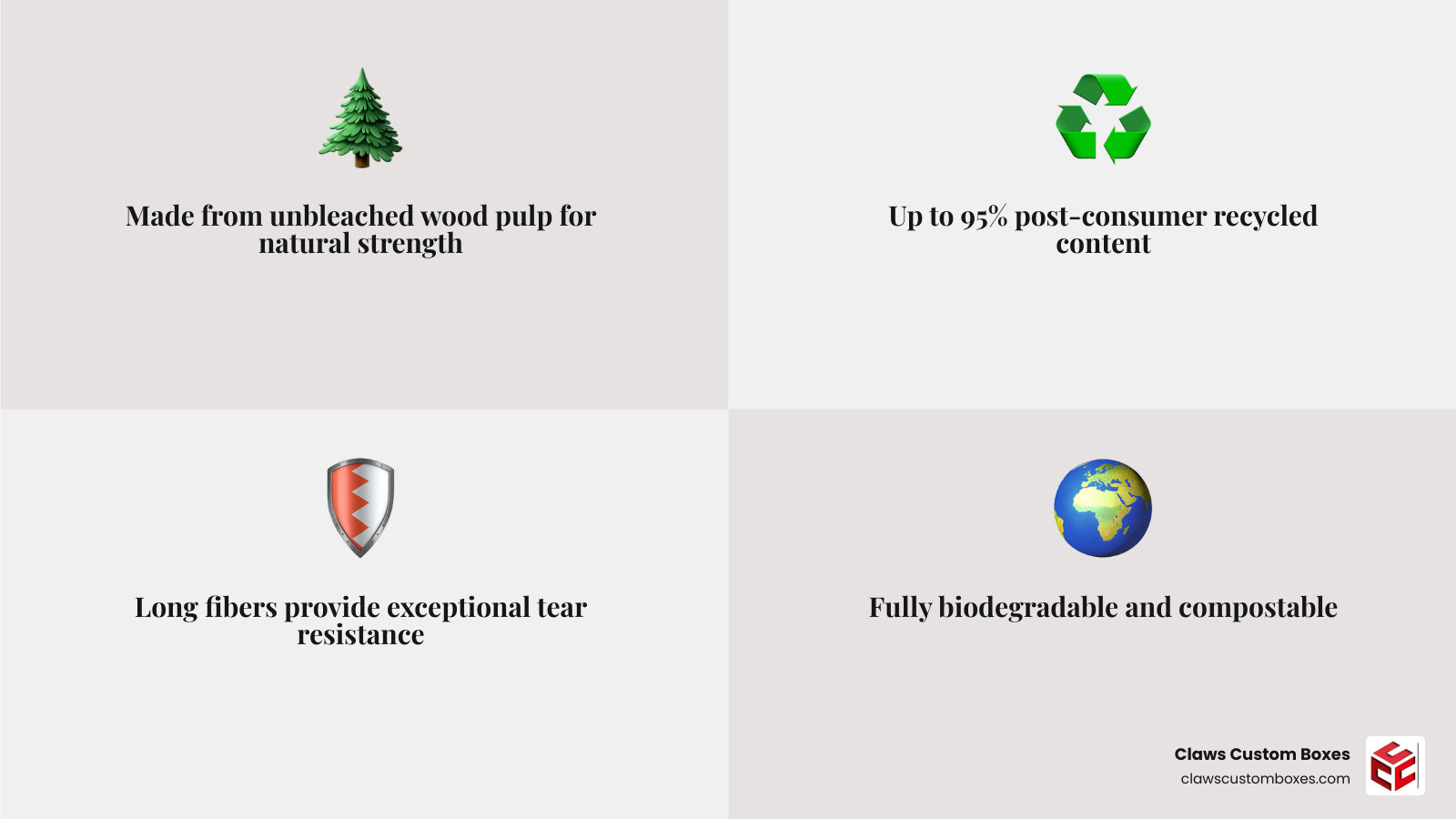 Infographic showing key benefits of kraft boxes: eco-friendly materials, customization options, industries served, and