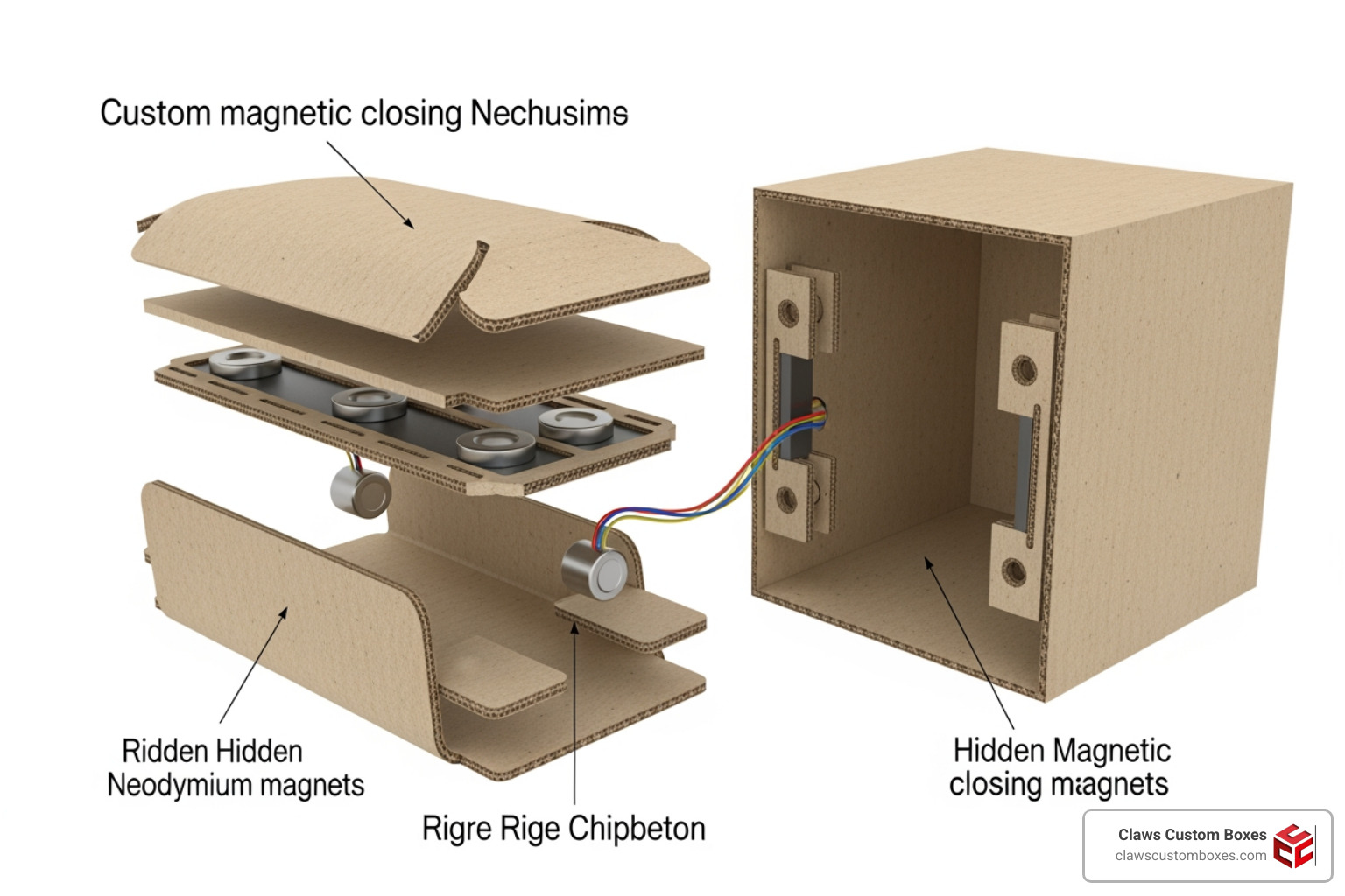 Diagram of magnetic flap construction showing hidden magnets and rigid board layers Diagram of magnetic flap construction showing hidden magnets and rigid board layers