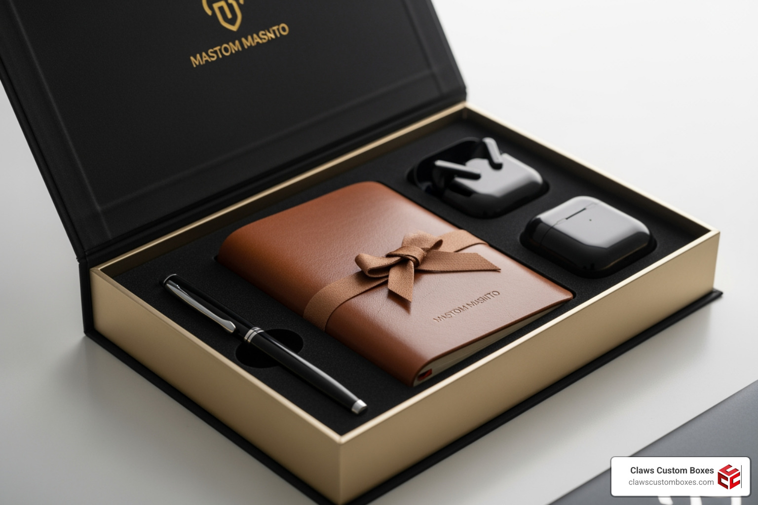 A corporate gift set featuring a custom magnetic box with a pen, notebook, and electronic gadget A corporate gift set featuring a custom magnetic box with a pen, notebook, and electronic gadget