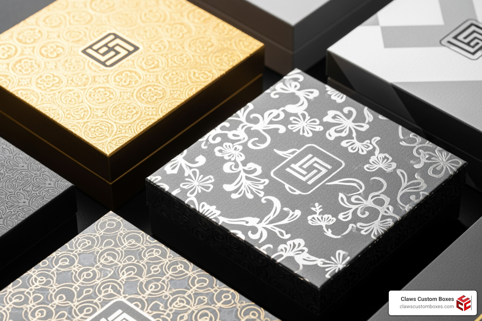 Close-up of various finishing textures including foil stamping and spot UV on a magnetic box Close-up of various finishing textures including foil stamping and spot UV on a magnetic box