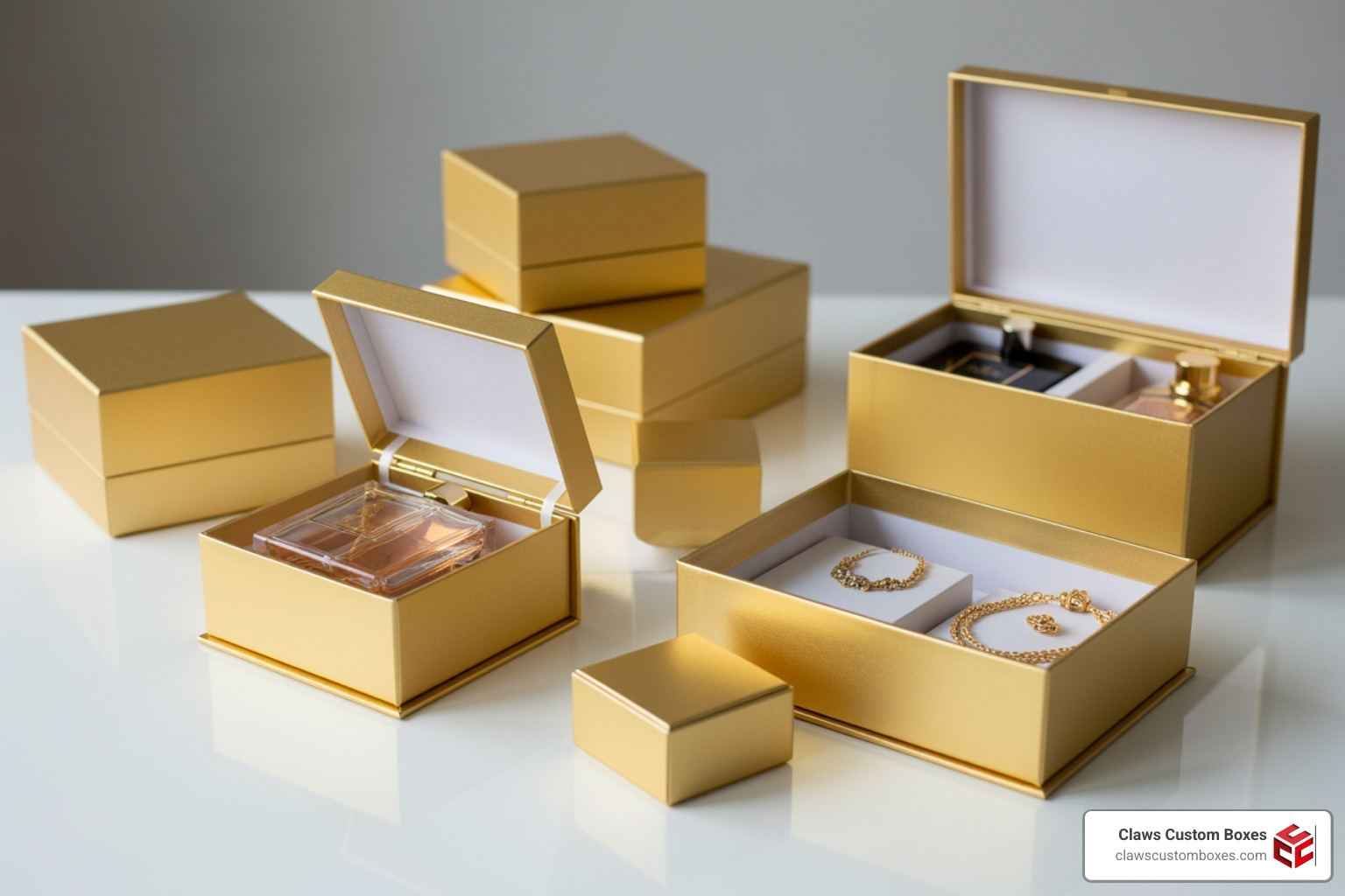 Luxury cosmetic and jewelry flip top boxes with gold foiling and magnetic lids Luxury cosmetic and jewelry flip top boxes with gold foiling and magnetic lids
