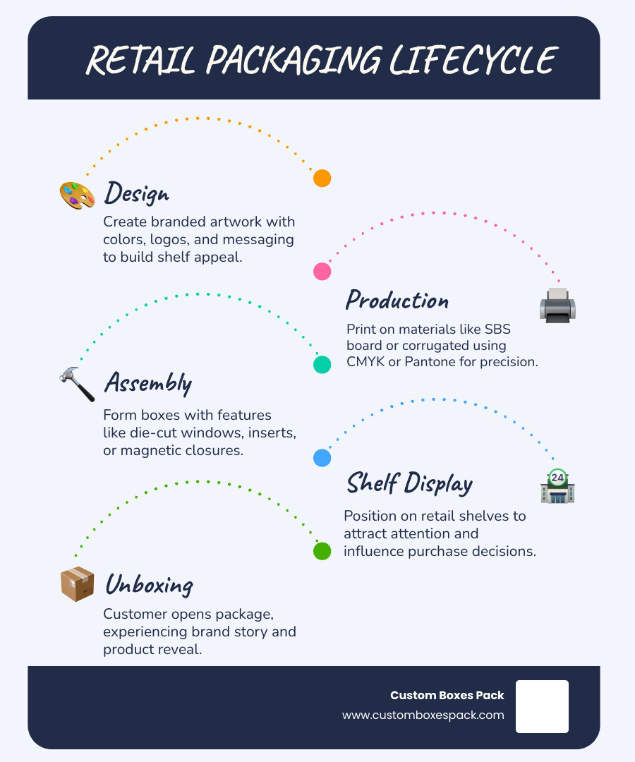 Retail packaging lifecycle infographic from product design to shelf display to unboxing infographic