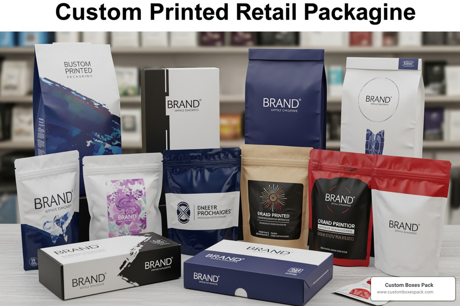 A variety of custom retail box styles including mailers, tuck-ends, and rigid boxes