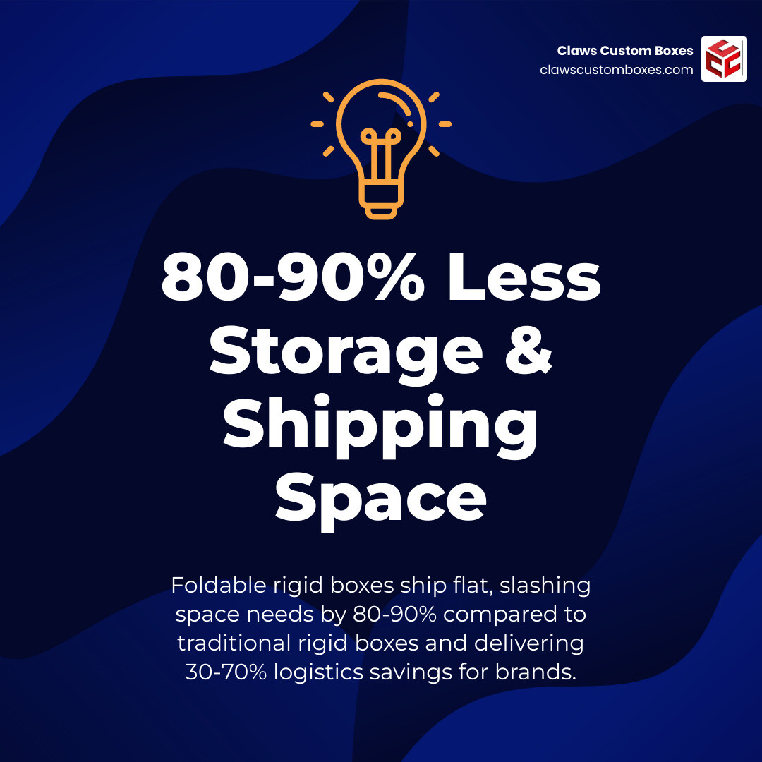 infographic showing 80% space savings of flat-pack foldable rigid boxes vs traditional rigid boxes infographic