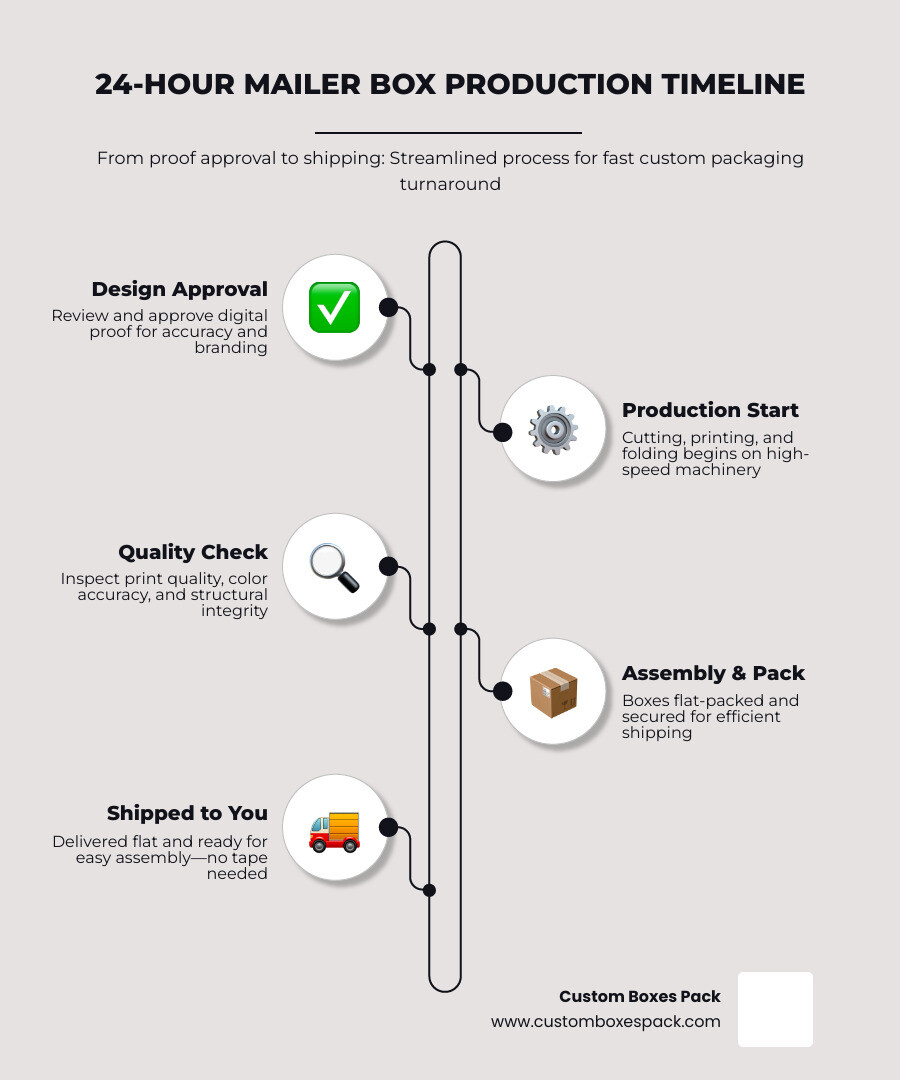 Infographic showing 24-hour production timeline from proof approval to shipping infographic