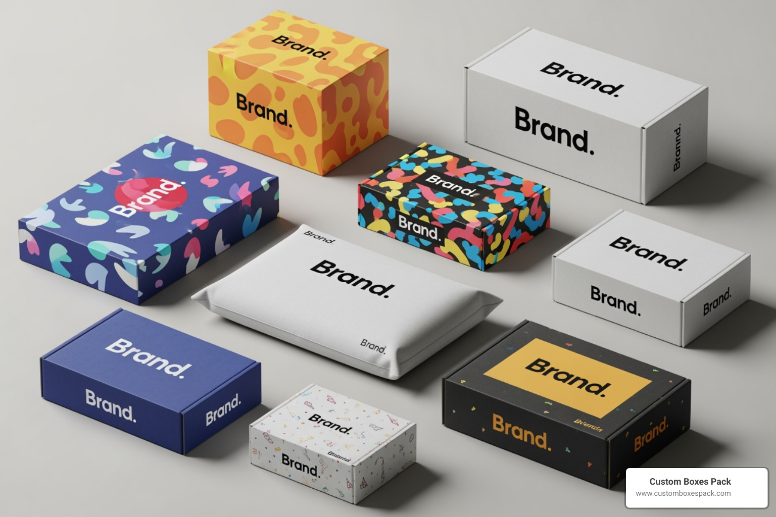 Various e-commerce packages featuring vibrant brand logos and creative designs