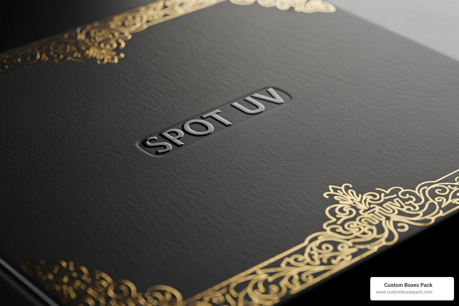 Close up of spot UV and gold foil stamping on a dark matte box