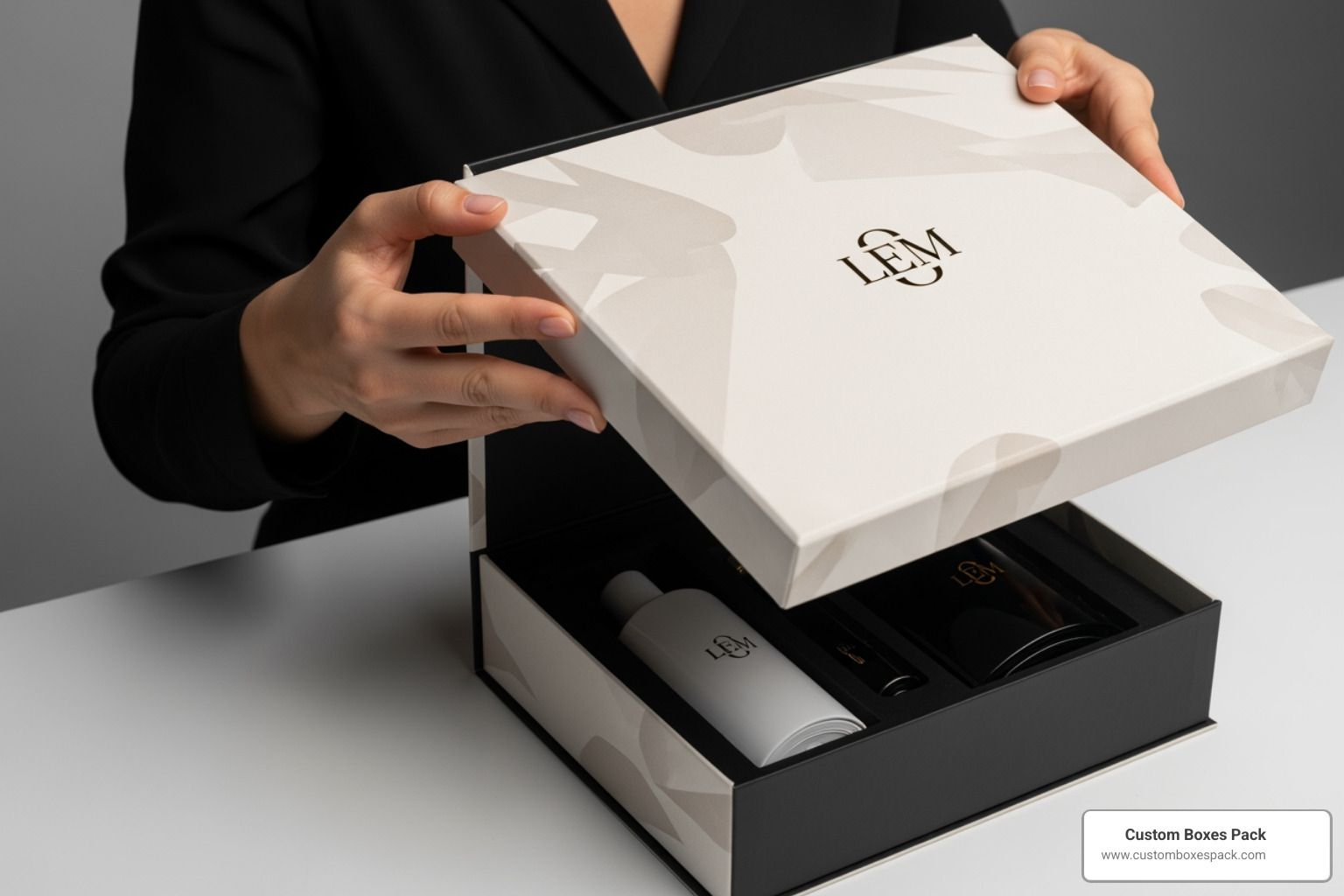 a branded unboxing sequence showing a customer opening a high-quality logo box