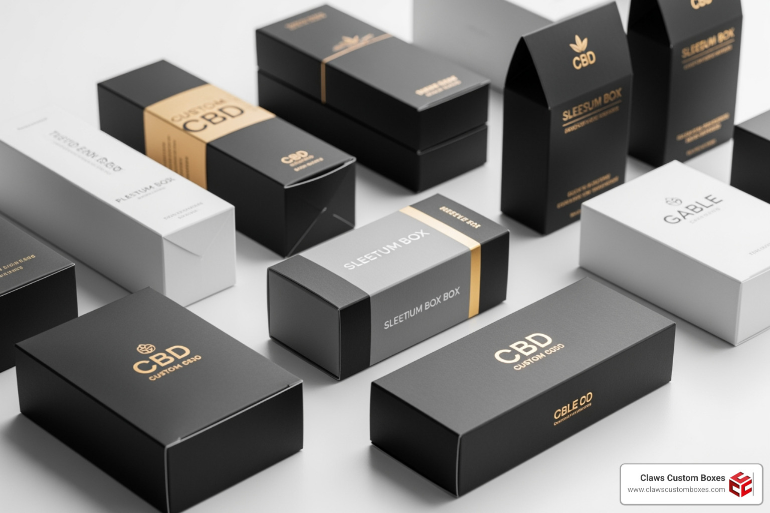 A collection of different CBD box styles including tuck-ends, sleeves, and gable boxes