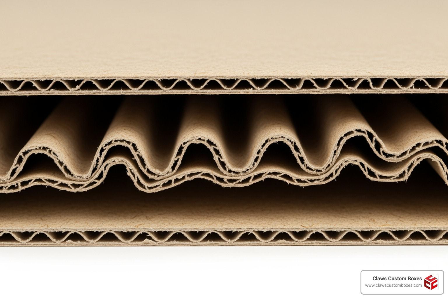 Cross-section of corrugated cardboard showing the fluted inner layer and outer liners for durability