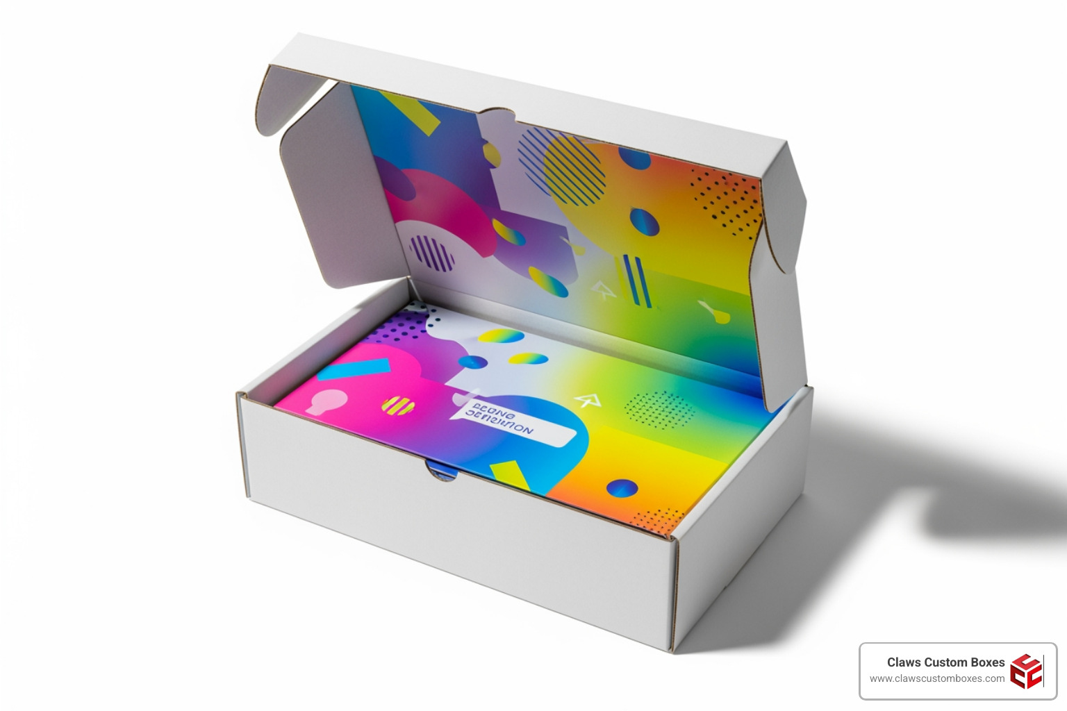 A custom mailer box featuring vibrant interior printing to surprise the customer upon opening