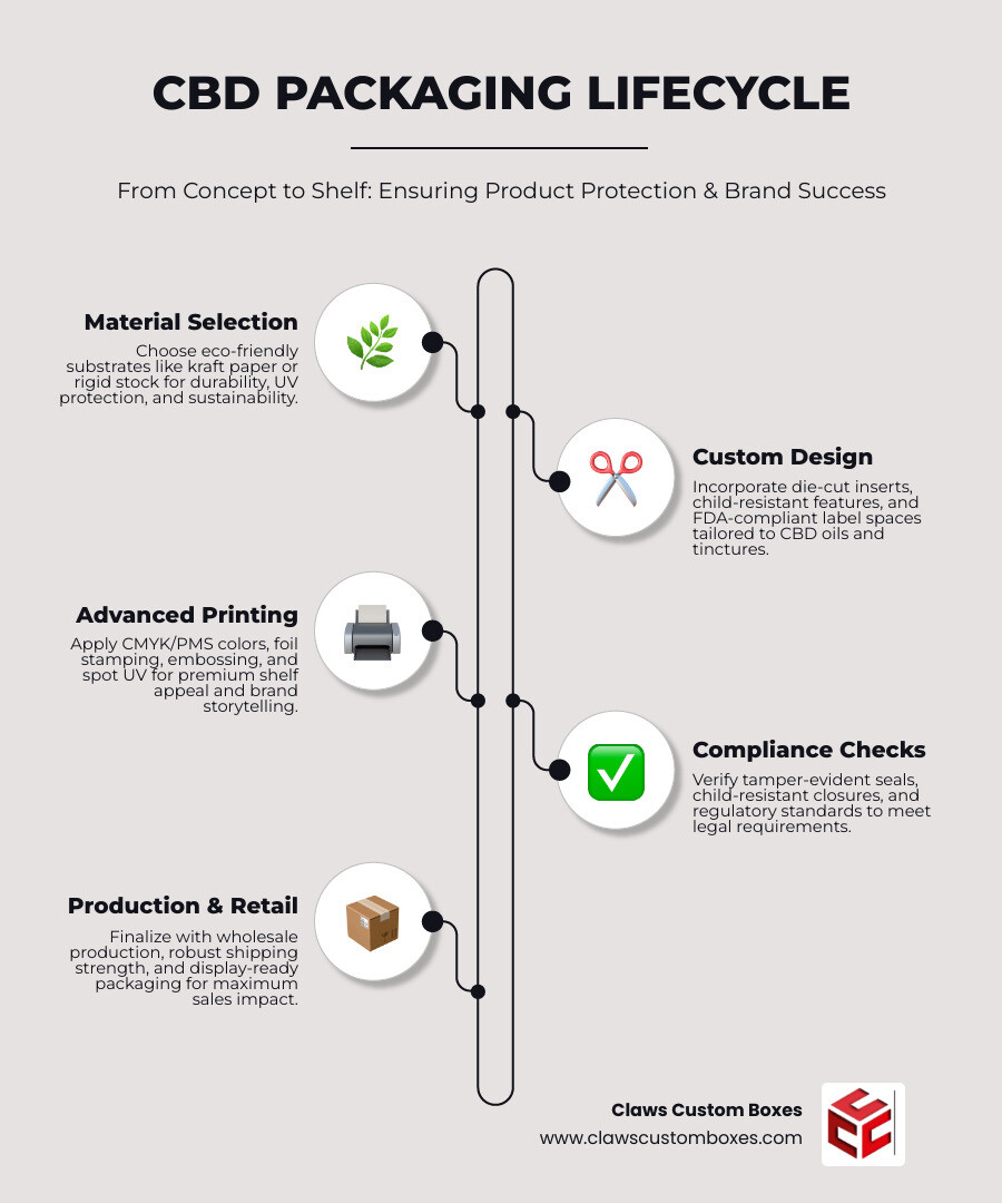 Infographic showing CBD packaging lifecycle from material selection through design, printing, compliance checks, and retail
