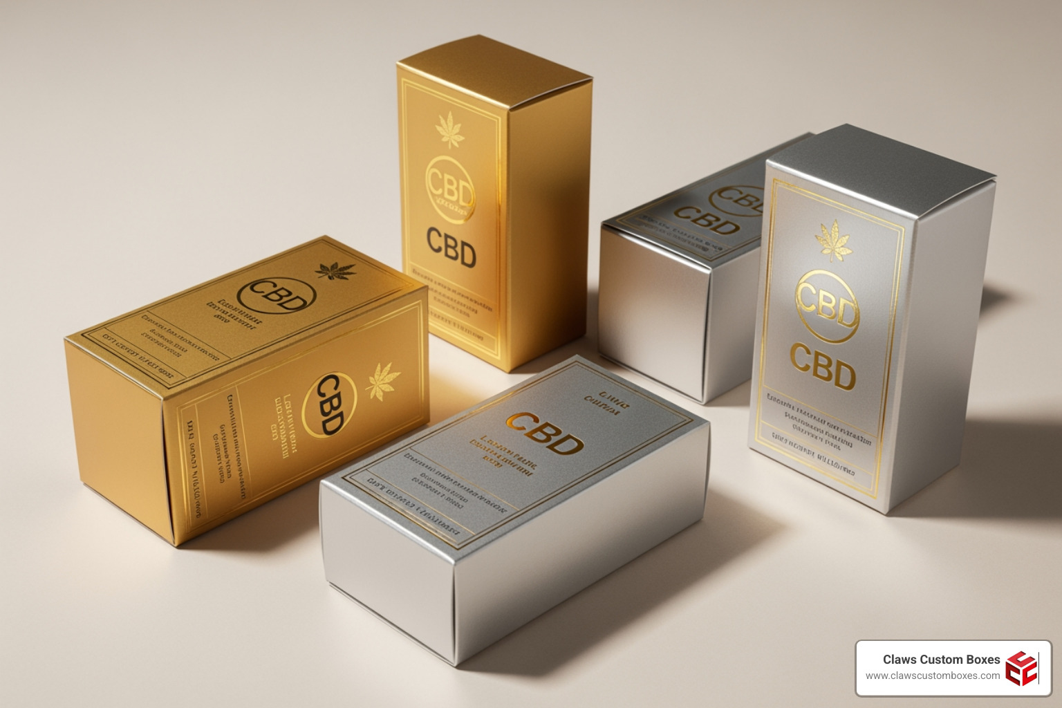 Foil-stamped luxury CBD boxes with gold and silver accents