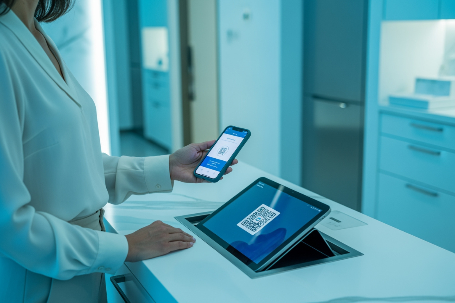 Patient paying via smartphone using a secure QR code in a luxury clinic Patient paying via smartphone using a secure QR code in a luxury clinic