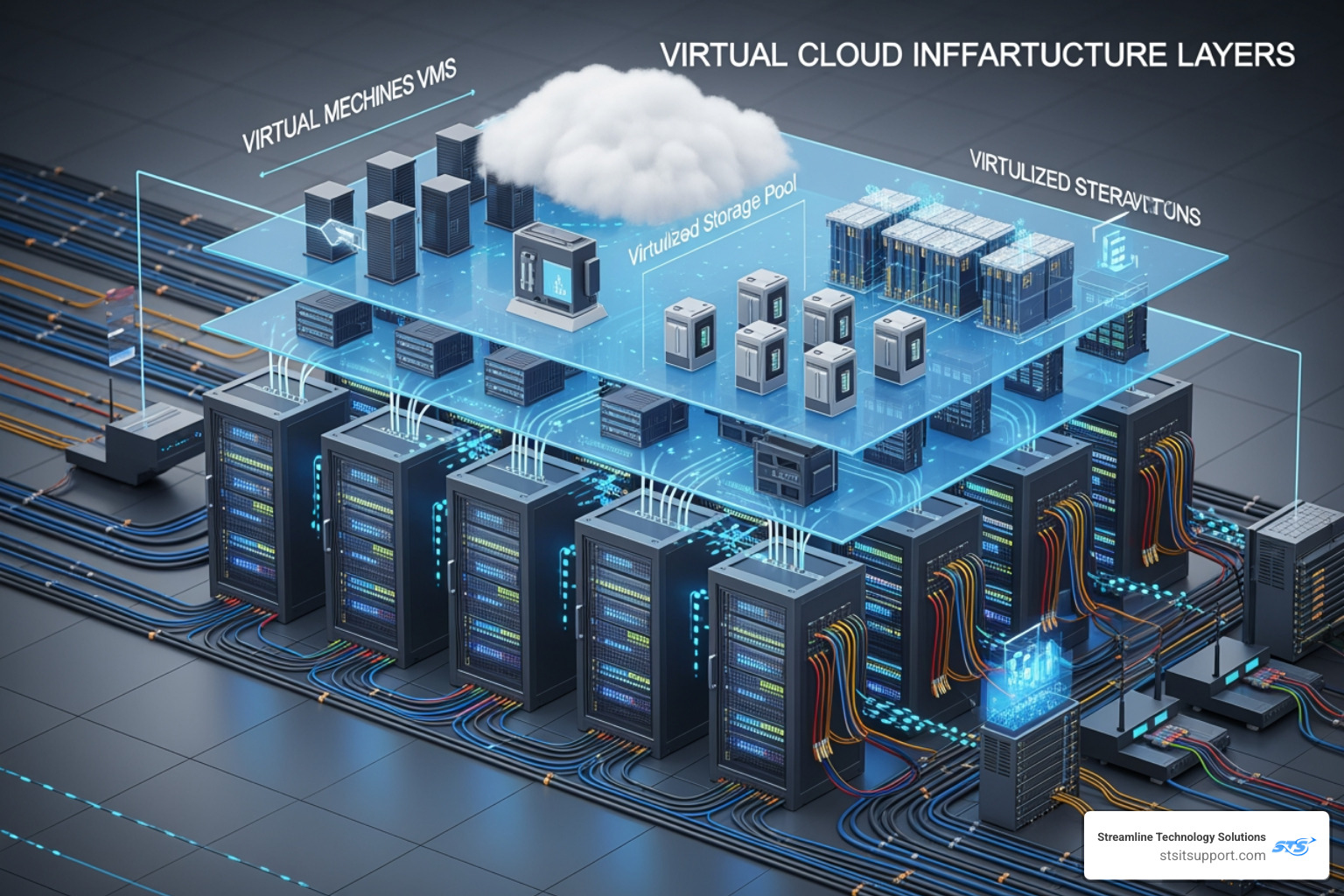 Illustration of virtual infrastructure showing servers, storage, and networking layers