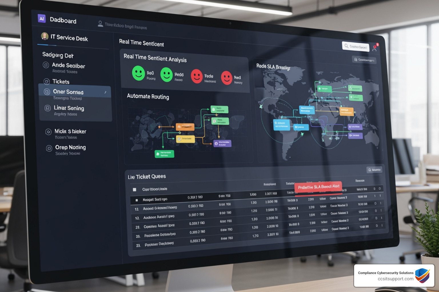AI-powered support dashboard showing real-time ticket sentiment and automated routing