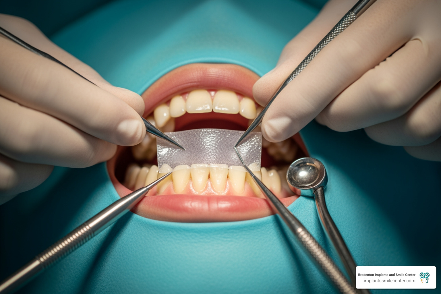 A resorbable collagen membrane being placed over a bone graft site A resorbable collagen membrane being placed over a bone graft site