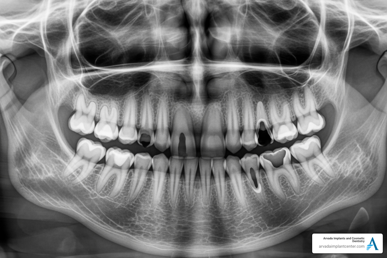 Dental X-ray of a patient showing the congenital absence of lower second premolars