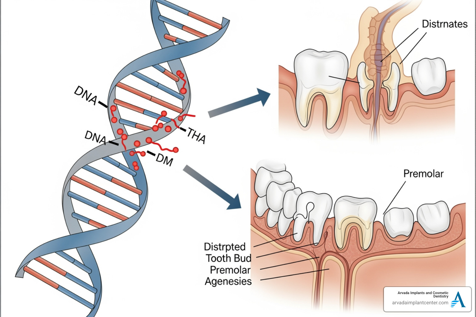 Illustration showing the link between DNA mutations and dental development anomalies