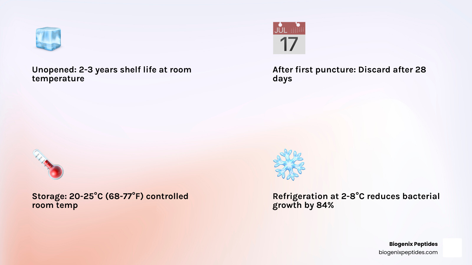 Bacteriostatic water storage quick reference: shelf life, temperature, and 28-day rule infographic infographic Bacteriostatic water storage quick reference: shelf life, temperature, and 28-day rule infographic infographic