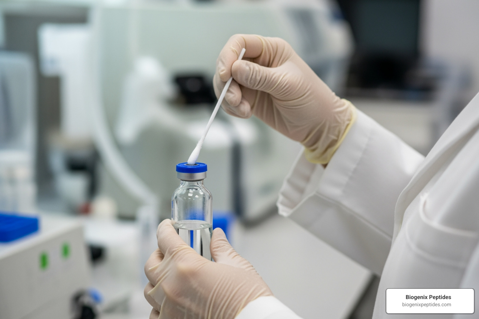 researcher swabbing vial stopper with alcohol researcher swabbing vial stopper with alcohol
