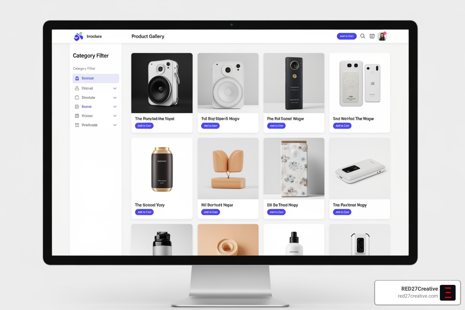Clean ecommerce product gallery with category filters and CTA buttons Clean ecommerce product gallery with category filters and CTA buttons