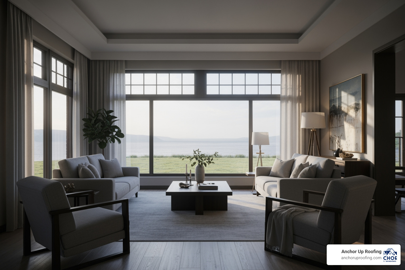 quiet interior living room with large impact windows