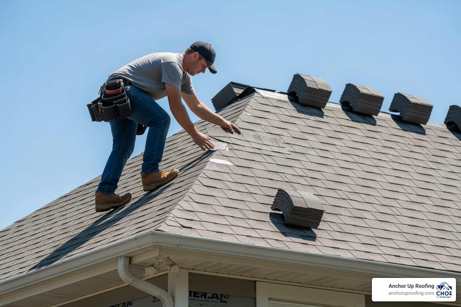roofer installing ridge caps from the eave upward roofer installing ridge caps from the eave upward