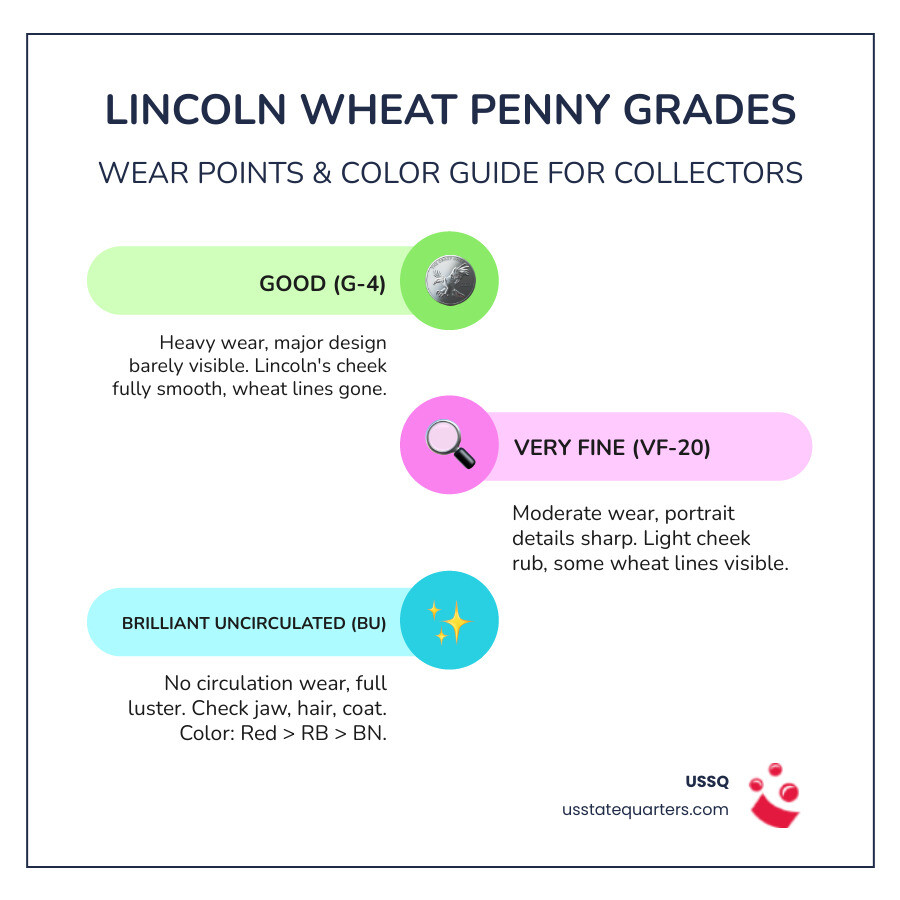 Lincoln Wheat cent grading infographic with wear points and RD RB BN labels infographic
