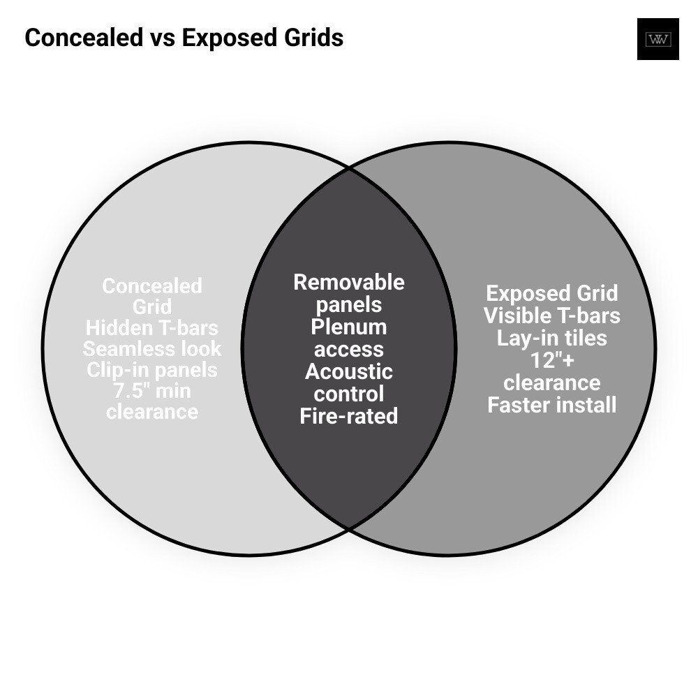 Concealed vs exposed ceiling anatomy infographic showing hidden grid versus visible T-bar grid comparison infographic Concealed vs exposed ceiling anatomy infographic showing hidden grid versus visible T-bar grid comparison infographic