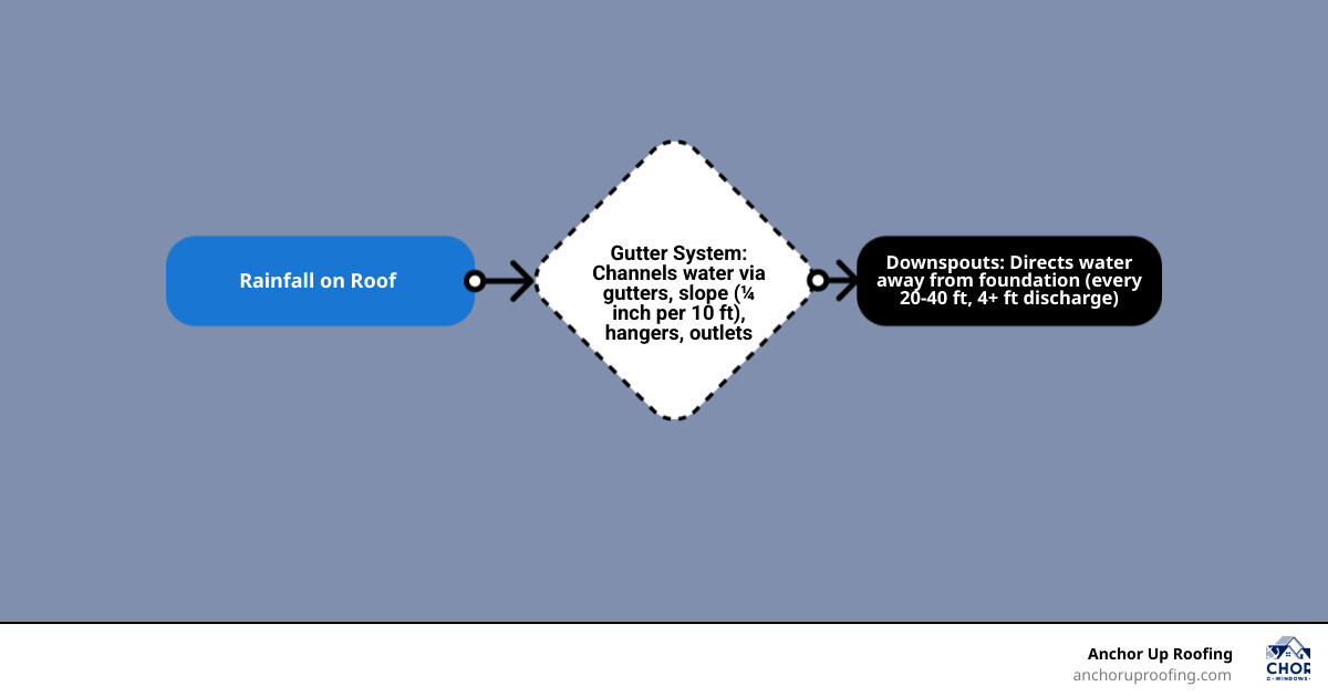 Anatomy of a residential gutter system showing gutters, downspouts, hangers, end caps, and drainage infographic