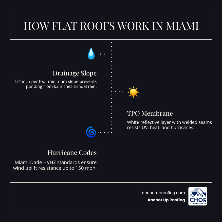 Infographic showing how flat roofs work in Miami: drainage slope, TPO membrane layers, hurricane code requirements, and Infographic showing how flat roofs work in Miami: drainage slope, TPO membrane layers, hurricane code requirements, and