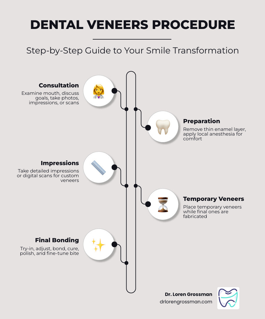 Infographic of veneer consultation, prep, temporary veneers, and final bonding infographic