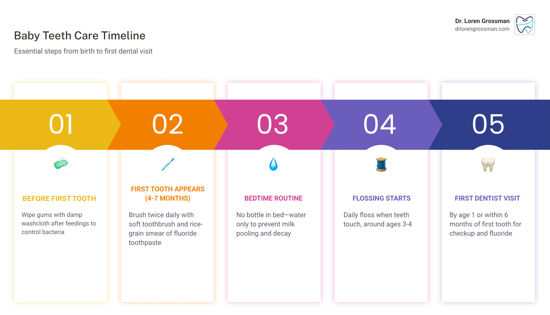 Baby teething and care timeline infographic from birth to first dental visit infographic