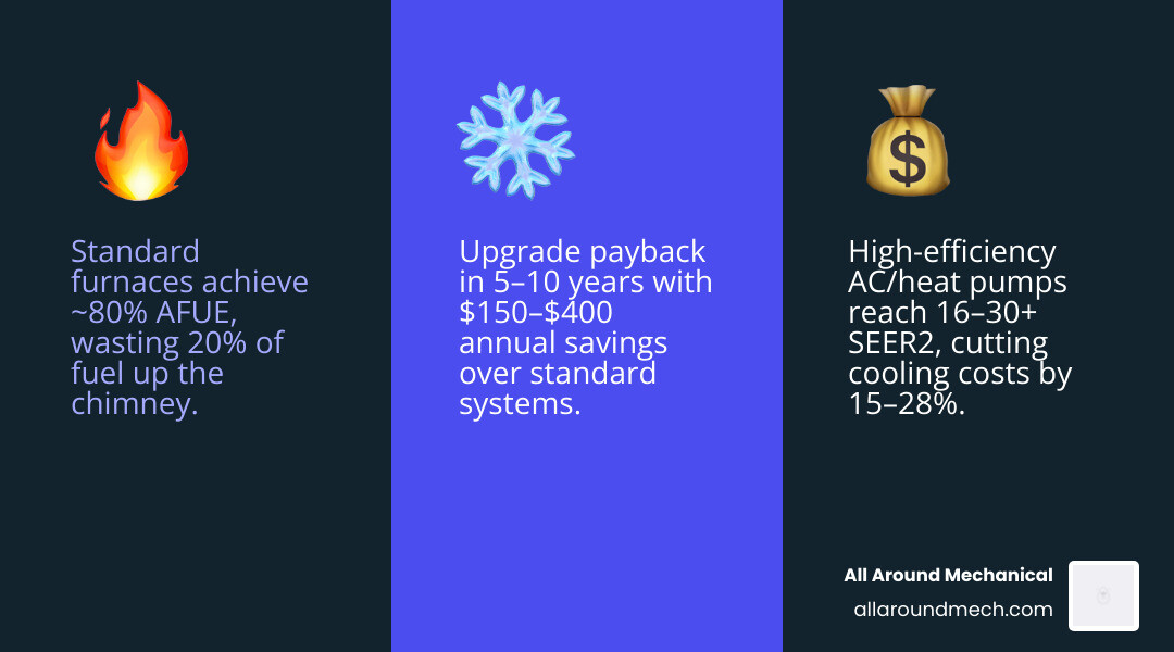 Infographic comparing standard vs high efficiency HVAC: AFUE ratings, SEER2 levels, annual savings, payback period, and key Infographic comparing standard vs high efficiency HVAC: AFUE ratings, SEER2 levels, annual savings, payback period, and key